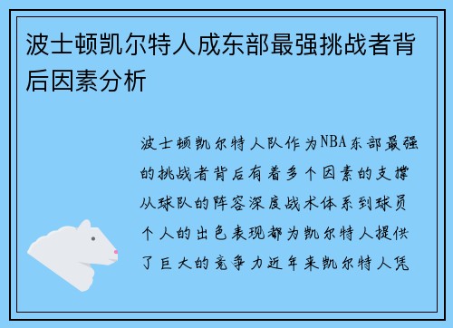 波士顿凯尔特人成东部最强挑战者背后因素分析